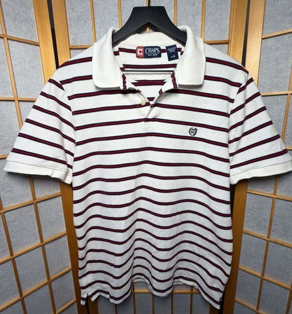 Chaps Polo Shirt Size L/G White Red Striped Cotton Short Sleeve